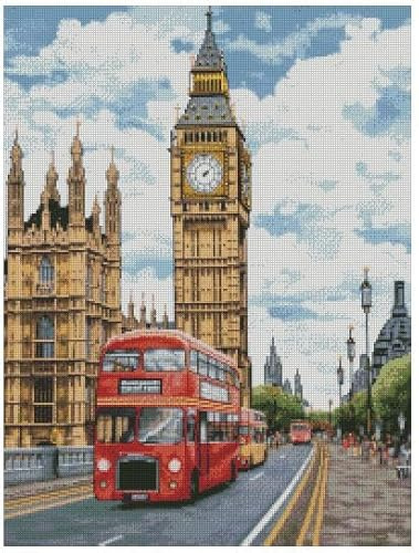 Kit de broderie au point de croix Motif paysage de Londres au printemps, 14 points, tissu Aïda vierge, 200 x 250 points 36 x 44 cm en coton