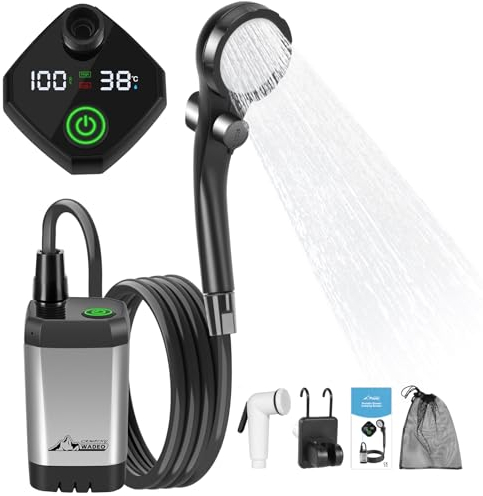 WADEO Ducha de Camping con Batería Sumergible, Eléctrico Portátil Recargable Ducha para Acampar con Pantalla Digital, para Acampar, Hacer Caminatas, Duchas para Perros y Lavado de Autos (Plata Gris)