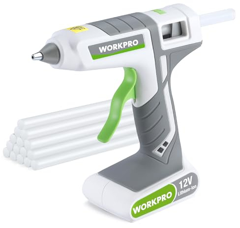 WORKPRO Full Size Cordless Hot Melt Glue Gun - 12V Rechargeable Fast Preheating Glue Gun Kit with 15pcs Full Size Glue Sticks, Auto Power-off Glue Gun for DIY Project, Art, Craft, Decoration - White