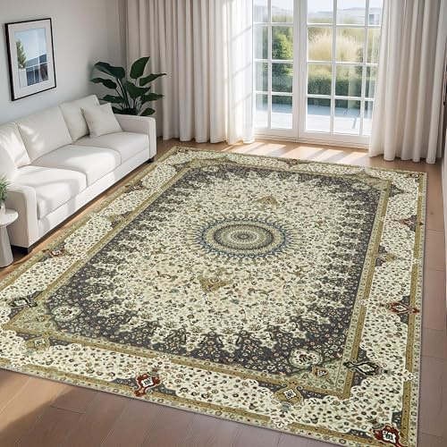 Imperial Rooms Machine Washable Rugs Living Room 120 x 170 cm – Soft Short Pile Large Grey Area Rugs For Bedroom Non Slip Carpet Bedside Rug Traditional Design Vintage Boho Cashmere Rug, Willow Grey