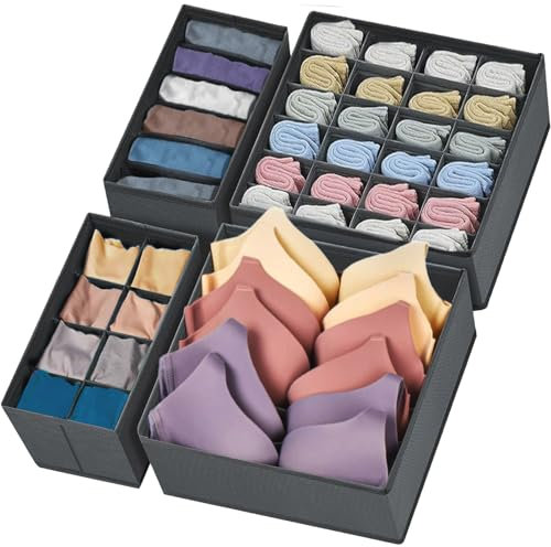 SURLIFE Organizer Cassetti Armadio, Set di 4 Organizzatori per Biancheria Intima Pieghevole, Divisori per Cassetti Salvaspazio, per Reggiseni, Mutande, Calzini, Cintura, Cravatta (GRIGIO SCURO)