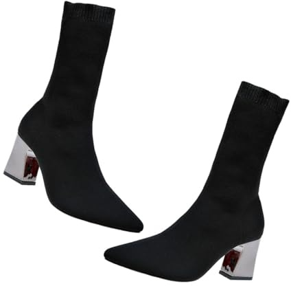 SOIMISS Botines de Calcetín Negros y Punta Puntiaguda Tela Elástica y Algodón Tacón Grueso Cómodos y Fáciles de Poner para Mujer para Ocio y Compras