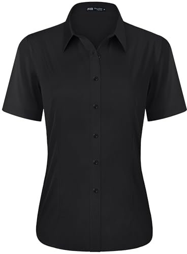 J.VER Black Shirts for Women Fitted Stretch Short Sleeve Summer Business Casual Button Down Shirt Formal Dress Work Ladies Tops Blouses