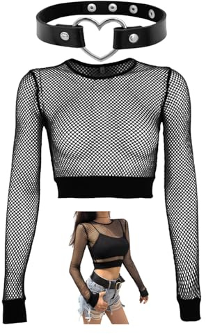 CVDYWDJIE 1 Top In Rete Cava, 1 Girocollo A Forma Di Cuore, Abito Sexy Nero, Top In Rete A Maniche Lunghe Corte, Abbigliamento Da Donna Sexy