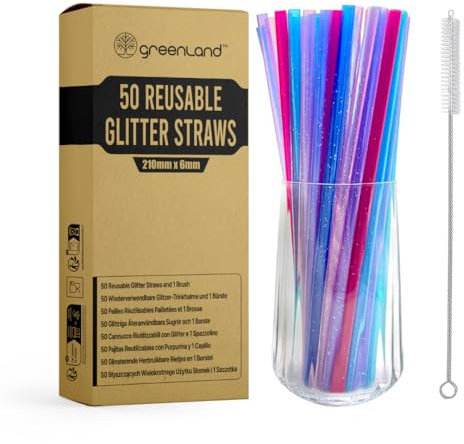 Greenland Confezione da 50 Cannucce Riutilizzabili con Glitter con Scovolino – 21 cm di Lunghezza, 6 mm di Diametro – Perfette per Cocktail, Latte, Succhi, Tè