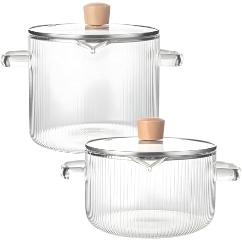 2 Pcs Clear Borosilicate Glass Saucepan Set, High-Temperature Resistant Cooking Pots, Stovetop, Microwave & Dishwasher Safe, Includes Wooden Lids, Clear Glass Design for Easy Viewing
