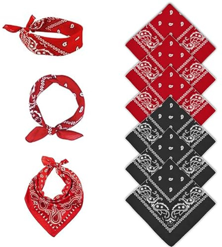 FUIPVGI 6 Pièces Bandana Homme Femme, Foulard Carré, Classique Bandanas Foulard, 55×55cm Écharpe Bandana Paisley, Mouchoirs pour Mode et Sport, Accessoires de Costume d'Halloween (Rouge, Noir)