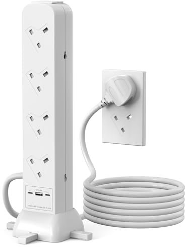 Tower Extension Lead 2m, 8 Way Socket Surge Protector with USC Ports Power Strip Multi Plug 3120W Safety Shutter for TV PC Laptops Tablets
