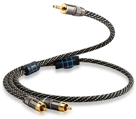 YYTCG 1,0 m Audiophile HiFi Audio RCA-kablar - RCA till 3,5 mm, 15 AWG, 4N OFC kärna, guldpläterad kontakt, med nylonfläta, subwoofer-kabel, kompatibel med högtalare, förstärkare, hemstereo (1 m)