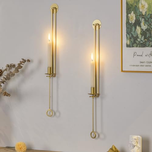 Aimto Wall Sconce Candle Holder Metal Hanging Wall Decorations Wall Candle Holder for Home,Living Room, Bathroom, Dining Room Set of 2（Gold