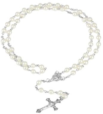 Durlo Collar de rosario católico de perlas blancas con dijes de crucifijo y cuentas de vidrio para oración, ideal para uso religioso y adorno elegante.