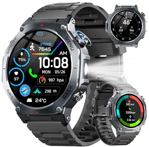 Montre Connectée Homme Femme GPS, 1.43 AMOLED Smartwatch Fréquence Cardiaque Sommeil SpO2 Podometre, Montre Sport avec 160+ Modes, Appel Bluetooth, 5ATM Étanche, Torche LED, Compass Android iOS Noir