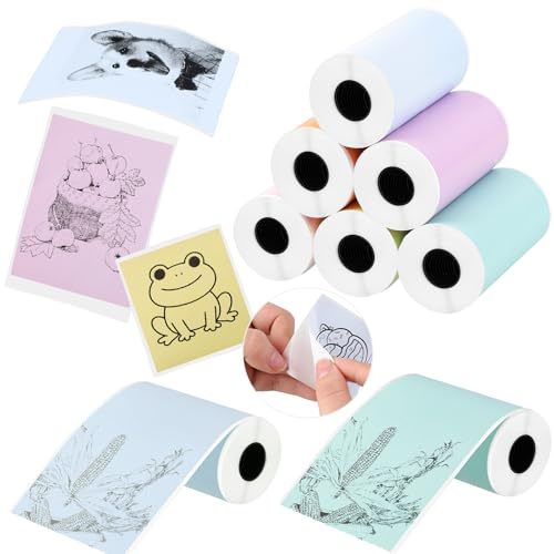 6 Rollen Thermopapier Selbstklebend, 53 x 28mm Drucker Papier Rollen Fotodruckerpapier Bedruckbarer Aufkleber für Fotos Notizen DIY-Kreationen (6 Farben)