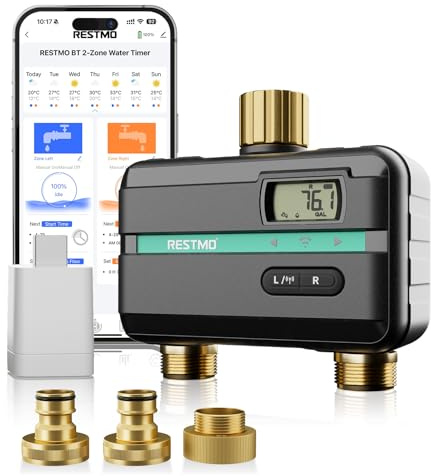 RESTMO Smart Sprinkler Timer with Flow Meter, Water Timer for Garden Hose | 2 Zone Brass Inlet & Outlet, Automatic Lawn & Yard Irrigation Watering System, APP Remote Control (2.4Ghz WiFi Connection)