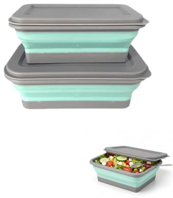 Luxorium Set 2 Ciotole Pieghevoli Quadrate - Salvaspazio in Silicone, Anti-fuoriuscita & Microonde, Ideali per Camping, Escursioni e Conservazione Cibo Fresco