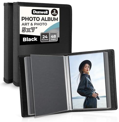 Dunwell Small Photo Album 5x7 (2-Pack, Black), Mounting Paper 5 x 7 Photo & Art Portfolio Presentation Binder, 24 Sleeves Displays 48 Pages, Professional Picture Book for 5x7 Artwork, Postcards