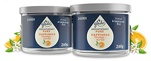 Glade Aromatherapy Essential Oils - Candela profumata Pure Happiness, in vetro, con oli essenziali di arancia e neroli, 2 x 260 g