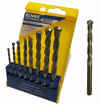 Rennie Tools - 8 Piece Tungsten Carbide (TCT) Masonry Drill Bit Set for Concrete Brick Porcelain Ceramic Tile Plastic Wood (3 4 5.5 6 7 8 9 & 10mm)