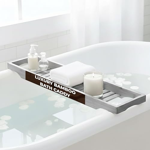 LKH Bamboo Bath Caddy Tray - Natural Bamboo Bathtub Organizer - Strong, Water-Resistant & Durable Bath Tray for Bathroom Accessories like Phone, Glass, or Book