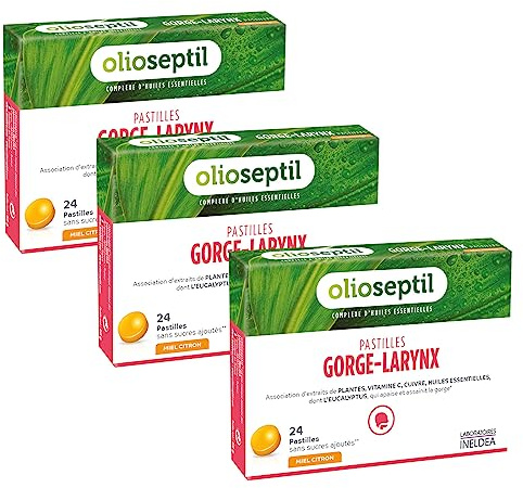 OLIOSEPTIL - Pastilles à Sucer Gorge-Larynx - Apaise et Assainit la Gorge - Sans Sucres Ajoutés - Extraits de Plantes, Vitamine C, Cuivre et Huiles Essentielles - Gout Miel Citron - Lot de 3