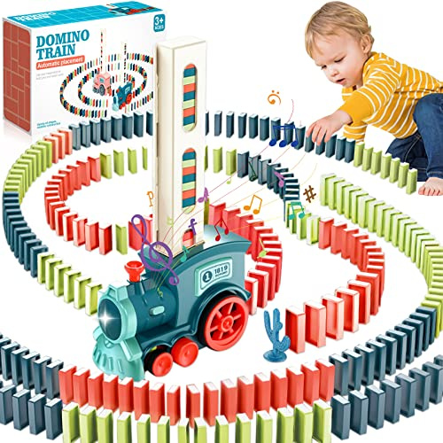 NCKIHRKK Ensemble de Jouets de Train Electrique Domino,160 Pcs de Blocs Dominos Électrique Train,Automatique Train de Pose Domino avec Lumières et Musique,pour Filles et Garçons 3 Ans et Plus (Bleu)