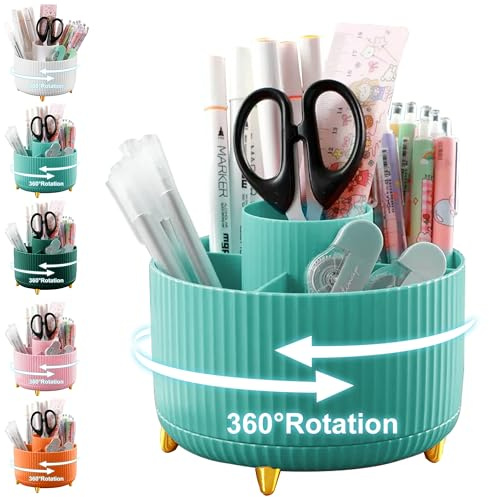 Cayxenful Organizadores y accesorios de escritorio, 5 ranuras, organizadores de lápices giratorios de 360°, soporte para brochas de maquillaje, soporte para bolígrafos para escritorio(azul)