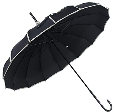 ThreeH Pagoda Umbrella Vintage Bridal Parasol Windproof 16 Ribs Leather Hooked Handle Rain Sun Umbrella,Black
