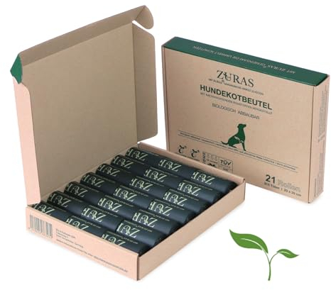 ZURAS® 100% Biologisch abbaubare Hundekotbeutel auf pflanzlicher Basis, 315 Kotbeutel, 21 Rollen, 23 x 33 cm, 20µm extra dick, reißfest und wasserdicht, DIN EN 13432, kompostierbar