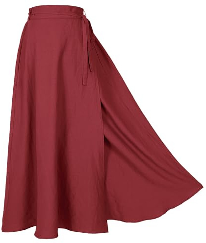 Women's Linen Wrap Skirt Casual Maxi Skirt Vintage A line Linen Skirt(Z2973RD,XL)