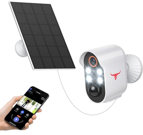 HubFlashy Caméra de sécurité solaire sans fil 1080p avec 4 spots pour une utilisation en intérieur et en extérieur, détection humaine IA, vue en direct, conversation bidirectionnelle, vision nocturne