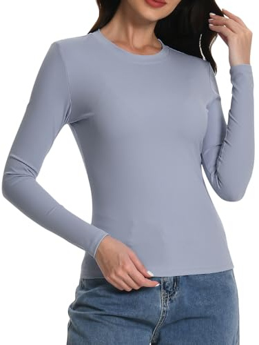 EBANKU T-shirt da donna a maniche lunghe girocollo basic crop top aderente slim fit tinta unita camicia elasticizzata per uscire vestiti Y2K, Viola chiaro, S