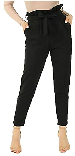Party HuB Womens Tie Up Waist Paper Bag Trouser Ladies High Waist Belted Tapered Slim Bottom Pants Side Pockets Slim Fit Trouser Black