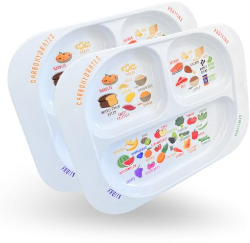 j&m Lot de 2 assiettes d'apprentissage sain, contrôle des portions divisées avec sections pour apprendre la nutrition, groupes alimentaires et tailles des portions, passe au lave-vaisselle