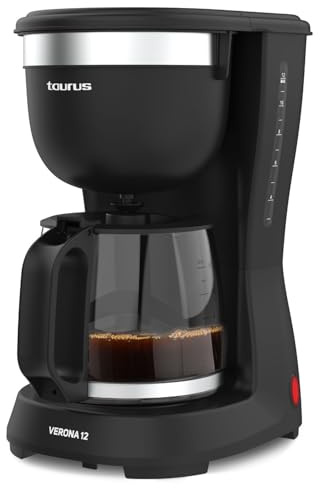 Taurus - Cafetera de Goteo Verona 12 | 680W | 1250 ml | Intense Flavour Tech | Placa Calefactora | Filtro Permanente Lavable | Jarra Cristal Antigoteo | Diseño Compacto Negro Mate | BPA Free