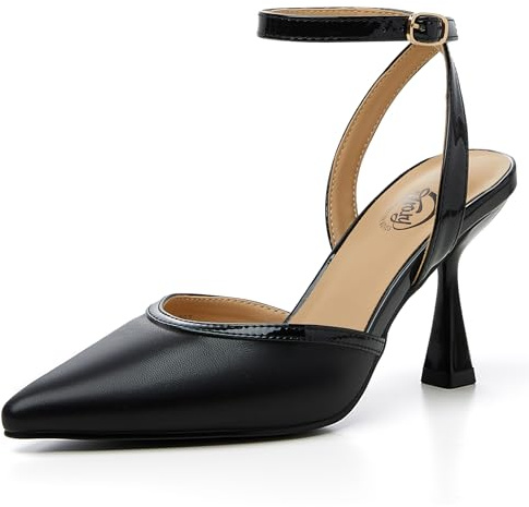 Trary Black Heels Women Slingback Pointed Toe Stiletto Heels Ankle Strap Comfortable Women's Pumps PU Leather 3.35 Heel Work Party Dress Shoes, Size 7.5