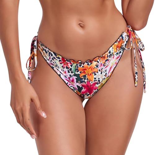 RELLECIGA Costume da Donna Slip Bikini con Laccetti Taglio Brasiliano con Volant Bottom Elegante Ruffle Desert Lily M
