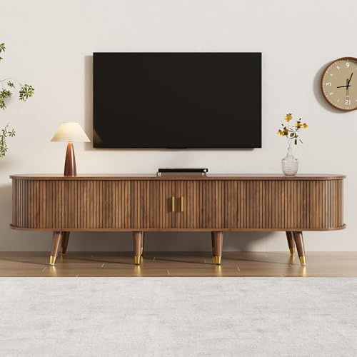 Merax TV Stand with Sliding Door, Walnut TV Cabinet, Country-Style Media Unit with Shelves, Drawers & Cupboard, Rustic MDF Entertainment Unit for Living Room - 175 x 38 x 45 cm