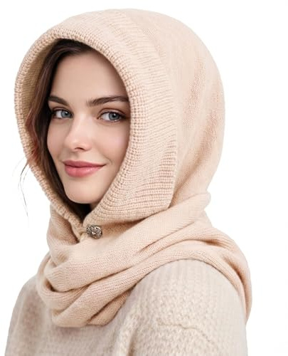 TAGVO Femmes Bonnets Écharpes Tricotés d'hiver, Femmes Cagoule Tricotée Cagoule à Capuche Snood Coupe-Vent Thermique Elastique, 2 en 1 Knit Beanie Balaclava Skull Cap pour Ski Cyclisme Randonnée