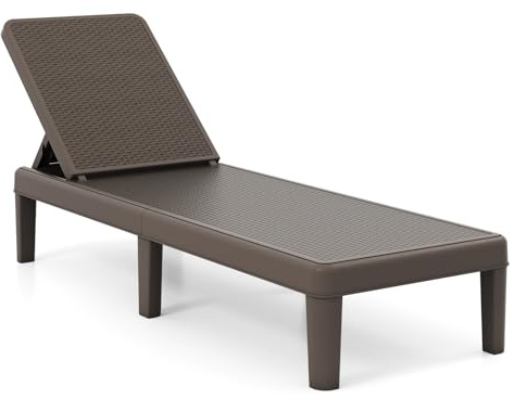 COSTWAY Garden Sun Lounger, PP Rattan-Style Patio Reclining Chaise Lounge Chair Deck Sunbed with 4-Position Adjustable Backrest, Outdoor Sunbathing Recliner Chair for Balcony Poolside Beach (Brown)