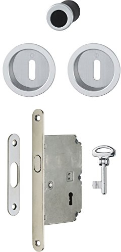 HOPPE 3947902 Schiebetürmuschel Set 4920-mit Schloss, runde Rosette BB, 4920 Ensemble de Coquille pour Porte coulissante avec Serrure, Rosace Ronde, chromsat, Chromé satiné