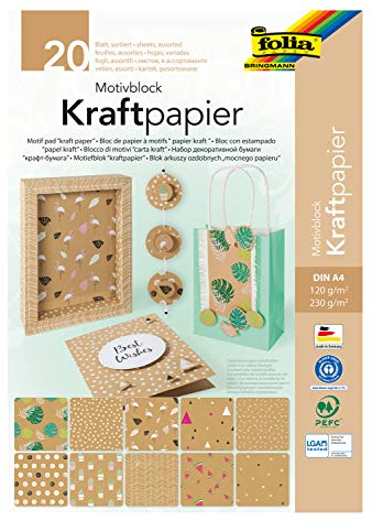 folia 48798 - Motivblock Kraftpapier Mix mit 10 Blatt Kraftpapier 120 g/m² und 10 Blatt Kraftkarton 230 g/m², DIN A4, unifarben mit Motivdruck, Block mit Kopfleimung, zum Basteln und Gestalten