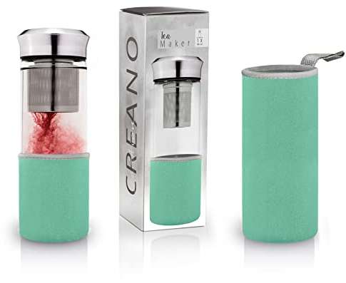 Creano Théière Teamaker 400ml – Bouteille de Thé à Emporter en Verre avec Passoire pour Thé en Vrac et Housse Néoprène – Idéale pour Thé Chaud ou Froid, Portable, Couleur Turquoise