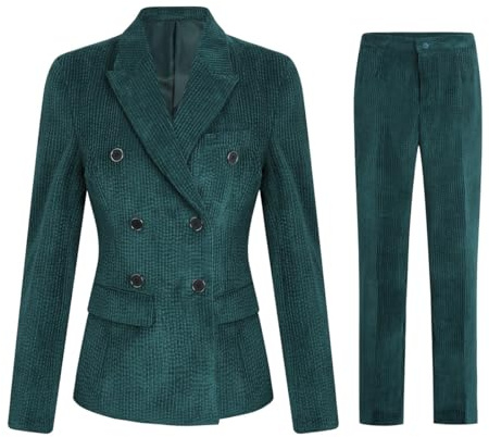YFFUSHI - Completo da donna, 2 pezzi, in corduroy, tailleur con pantaloni, doppio petto, da lavoro, blazer slim a maniche lunghe e pantaloni, Verde, XXL