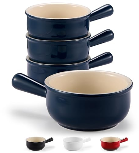 KooK French Onion Soup Bowls, French Onion Soup Crocks, Soup Bowl with Handles, 15 oz, Set of 4, Ceramic Bowls, Microwave, Dishwasher Safe & Oven safe, Stoneware,(Navy)