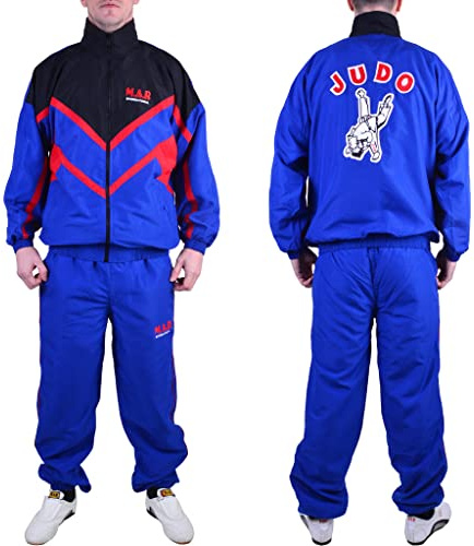 MAR | Martial Arts Judo Tracksuit Mens Full Set, Mens Tracksuit Set, Mens Tracksuit, Tracksuit For Men, Retro Vintage Deluxe Full Tracksuit Zip Pockets - Blue, Black & Red (Large/180CM)