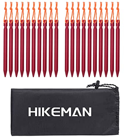 HIKEMAN Zeltheringe aus Aluminiumlegierung mit Kordelzug - 20 Stücke Camping Zelthering Tasche für Outdoor-Camping, Reisen, Wandern, Strand, robust(Rot)