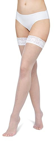 LORES Medias de Red con Sujetadores de Encaje para Mujer con Estampado de Malla de Pescado, Medias de Red de Malla, Medias Altas de Encaje, Medias de Rodilla Burlesque, blanco, M-L