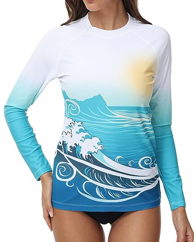 VAYAGER Womens Rash Guard UV Protection Long Sleeve Rash Vest Swim Shirts Quick Dry UPF 50+ Water Beach Surfing Swimming Tops(White-Waves-3XL)