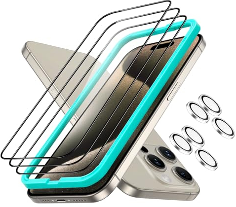 ESR iPhone 15 Pro für Panzerglas, Armorite Displayschutzfolien-Set, extrem Robustes gehärtetes Glas, Rahmen für einfache Anbringung, 3 Stück mit 2 Sätze individuellem Kamera Schutz