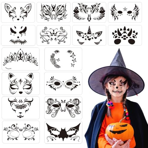 16 Stück Face Paint Schablonen, wiederverwendbare Malschablonen Face Painting Schablone, Tattoo Malen Schablonen für Facepainting Halloween Karneval Schminke Verwendet Partys Kinder Erwachsene